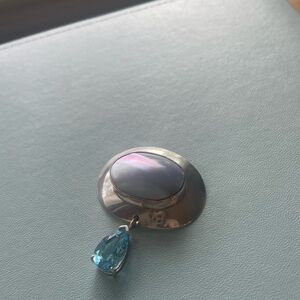 Vintage Pear Shape Blue Topaz and Abalone Oval Pendant Sterling Silver Signed